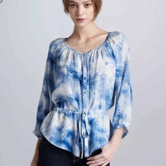Rebecca Taylor Blue 100% Silk Tie Dye Casual Blouse Size 2 - Picture 1 of 8